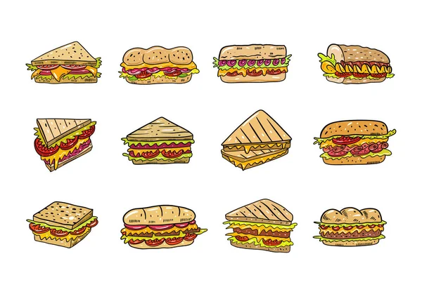 Sandwich handgezeichnete Vektor-Illustrationsset. Cartoon-Stil. isoliert auf weißem Hintergrund. — Stockvektor