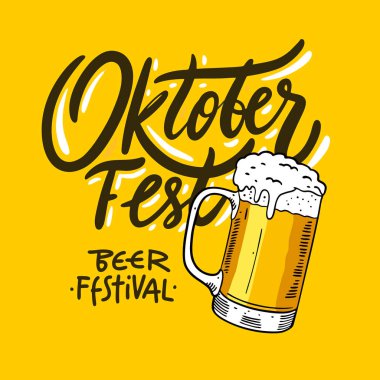 Oktoberfest el vektör işareti ve bira cam çizilmiş. Bira Festivali. Sarı arka planda yalıtılmış.
