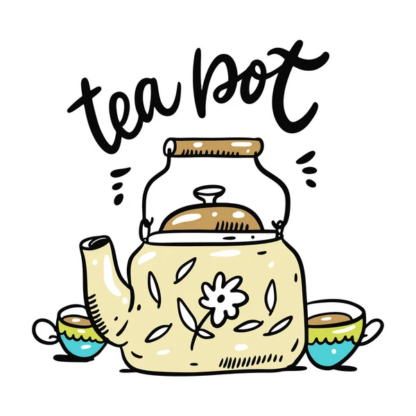 Teapot vintage hand drawn vector illustration and lettering. Isolated on white background. — Stock Vector