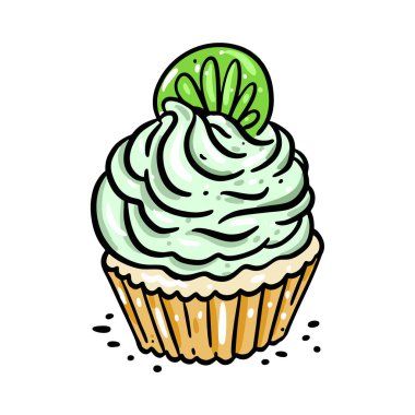 Cupcake kireç dilim el çizilmiş vektör illüstrasyon ile. Beyaz arka planda yalıtılmış.