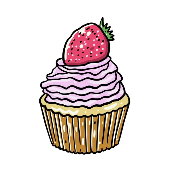 Cupcake de morango desenhado à mão ilustração vetorial. Isolado sobre fundo branco . —  Vetores de Stock