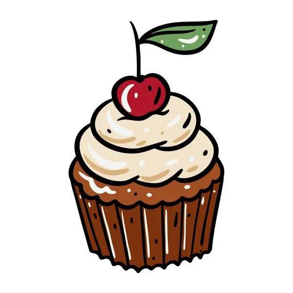 Cupcake con ilustración vectorial dibujada a mano de cereza. Aislado sobre fondo blanco . — Vector de stock