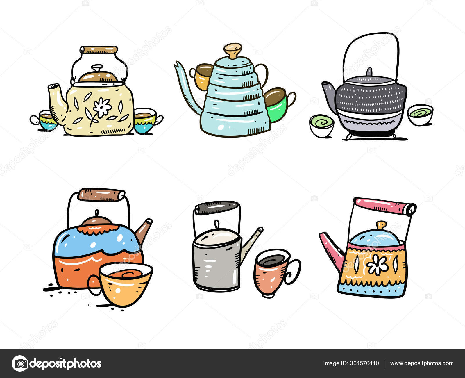 Teapot and coffee pot set hand drawn vector illustration. Isolated on