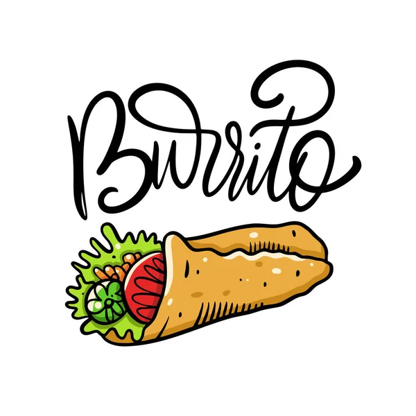 Burrito bokstäver fras och färgglada vektor illustration. Mexikansk mat. Isolerad på vit bakgrund. — Stock vektor