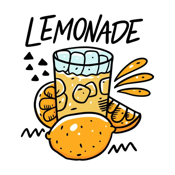 Limonade in glazen beker met citroenschijfje en ijsblokje. Cartoon stijl vector illustratie. Geïsoleerd op witte achtergrond. — Stockvector