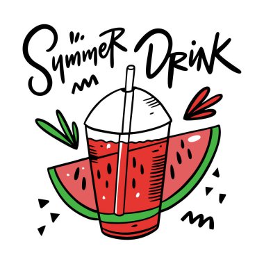 Karpuz yaz içeceği. Limonata bardağı. Renkli vektör çizimi. Beyaz arkaplanda izole.