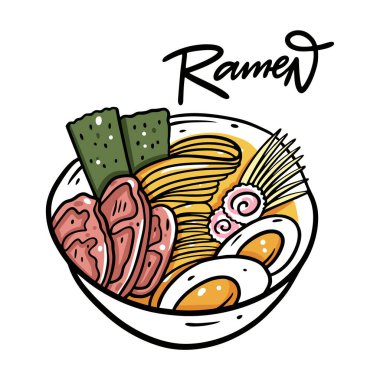 Ramen Asya yemeği. Japon eriştesi. Renkli vektör çizimi. Beyaz arkaplanda izole.