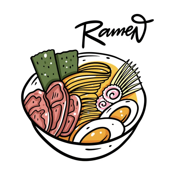 Ramen cibo asiatico. Tagliatelle giapponesi. Illustrazione vettoriale colorata. Isolato su sfondo bianco. — Vettoriale Stock