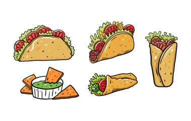 Meksika yemeği takımı. Burrito, taco ve cips. Çizgi film vektör çizimi. Beyaz arkaplanda izole.