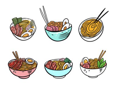 Ramen Japon Erişte seti. Düz vektör çizimi. Beyaz arkaplanda izole.