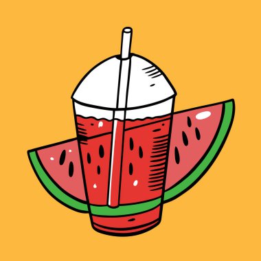Karpuz yaz içeceği. Plastik bardak. Renkli vektör çizimi. Sarı arkaplanda izole edilmiş.