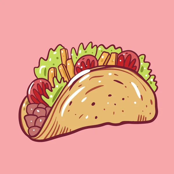 Taco Mexican food. Cartoon style. Flat vector illustration. Isolated on soft pink background. — Stock Vector