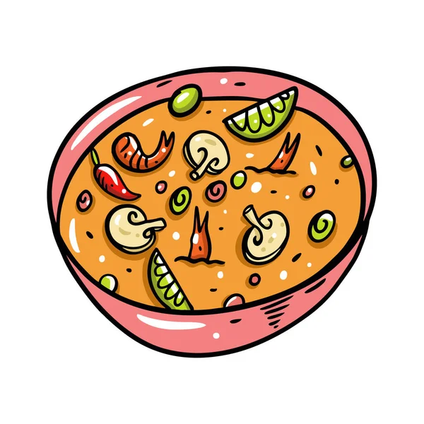 Comida callejera tailandesa. Sopa caliente Tom Yum. Ilustración vectorial de dibujos animados. Aislado sobre fondo blanco . — Vector de stock