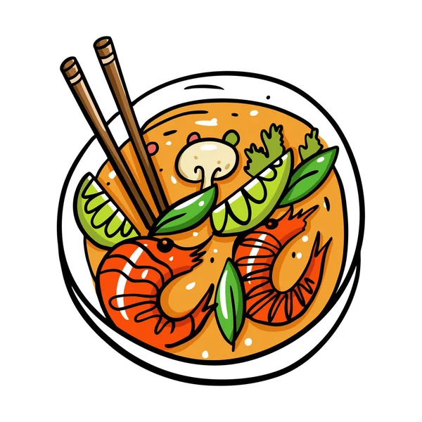 Comida tailandesa Tom Yum. Desenhos animados ilustração vetorial. Isolado sobre fundo branco . — Vetor de Stock