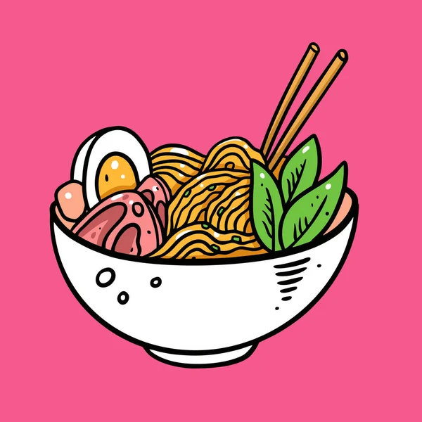 Ramen japonés. Ilustración vectorial colorida dibujada a mano. Aislado sobre fondo rosa suave . — Vector de stock