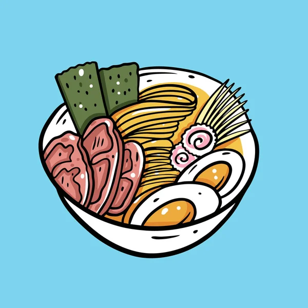 Ramen comida asiática. Fideos japoneses. Ilustración vectorial colorida. Aislado sobre fondo azul . — Vector de stock