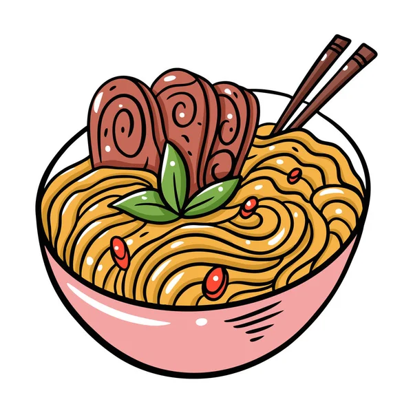 जापानी मांस नूडल्स। कार्टून शैली वेक्टर चित्रण। सफेद पृष्ठभूमि पर अलग . — स्टॉक वेक्टर