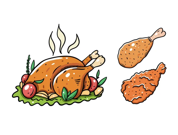 Pollo entero y pierna. Ilustración vectorial de dibujos animados. Aislado sobre fondo blanco . — Vector de stock