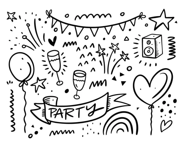 Happy Bithday and party doodles set collection. Черный цвет векторной иллюстрации. Линейное искусство . — стоковый вектор