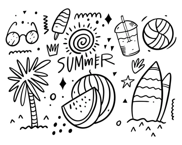 Set de griffes d'été collection. Palmier, lunettes, accès surf, boisson, boule, crème glacée et soleil. Illustration vectorielle couleur noire. — Image vectorielle