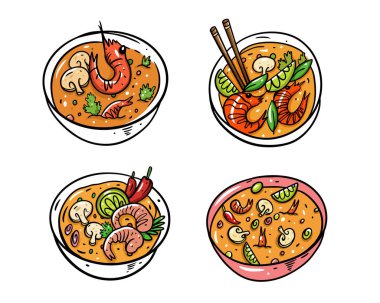 Tom Yum hazır. Çizgi film vektör çizimi. Beyaz arka planda izole edilmiş. Poster, pankart, menü, kafe ve İnternet için tasarım.