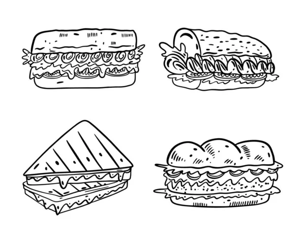 Sandwiches Colección Dibujos Animados Ilustración Vectorial Dibujada Mano Estilo Contorno — Archivo Imágenes Vectoriales