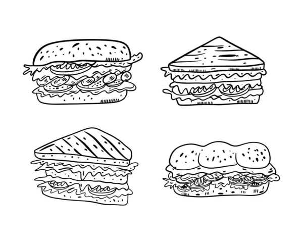 Cuatro Sándwiches Listos Ilustración Vectorial Dibujada Mano Estilo Contorno Color — Archivo Imágenes Vectoriales