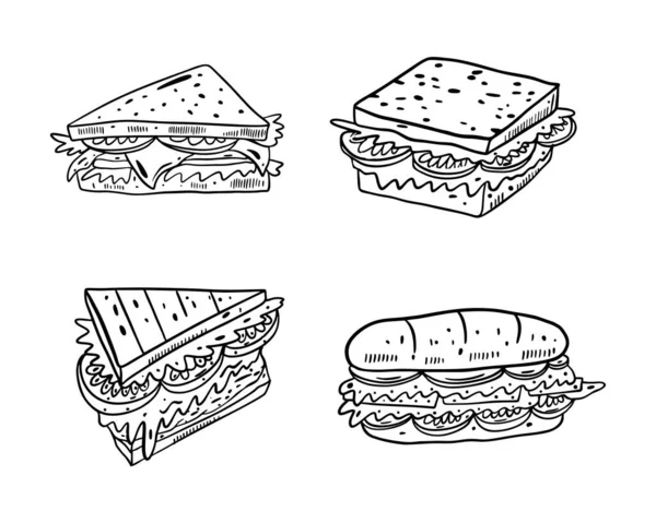 Черный Цвет Сэндвичи Установлены Стиле Контура Ручной Рисунок Вектора Изолированный — стоковый вектор
