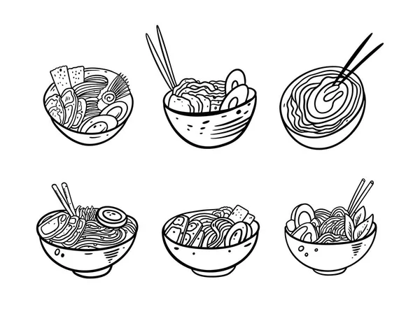 Japanse Noodles Set Zwarte Kleur Omtrek Stijl Vector Illustratie Geïsoleerd — Stockvector