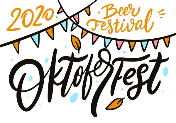 Oktoberfest calligraphy and beer festival calligraphy. Hand drawn lettering. Black text vector illustration. Isolated on white background. — Stock Vector