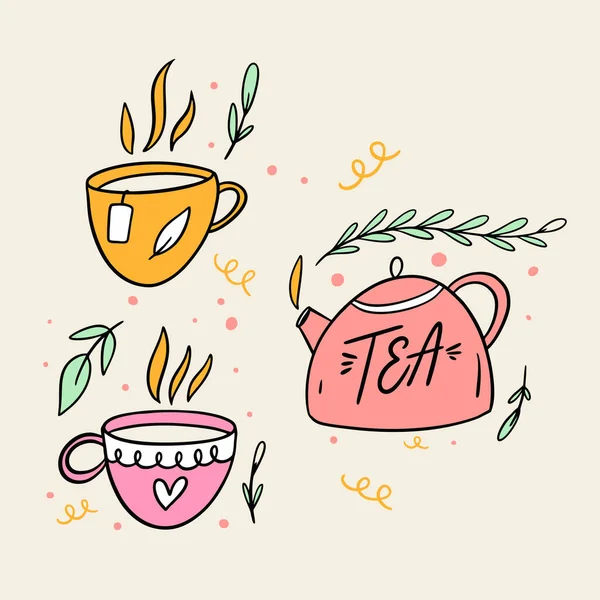 Teekanne und zwei Tassen vorhanden. Handgezeichnete Skizze. Linienkunst. Vektorillustration. — Stockvektor