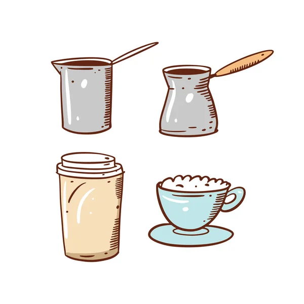 Cafetière, tasse en papier et tasse bleue. Croquis dessiné à la main. Style line art. Illustration vectorielle. — Image vectorielle
