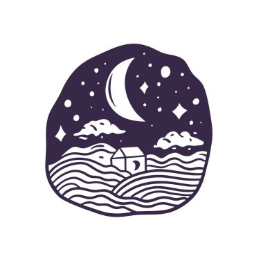 Ay ve ev tek parça. Çizgi film tarzı. El çizimi vektör illüstrasyonu.