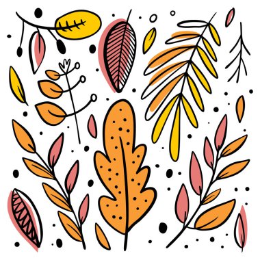 Sonbahar yaprakları. Çizgi film tarzı. Doodle vektör çizimi. Beyaz arkaplanda izole.