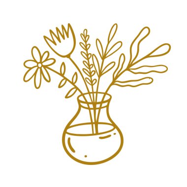 Beyaz arkaplanda izole edilmiş cam vazoda çizgi sanatı çiçekleri altın rengi vektör çizimi