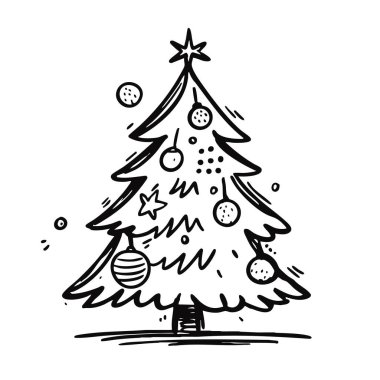 A beautiful and charming handdrawn Christmas tree that is adorned with colorful ornaments and a shining star on top