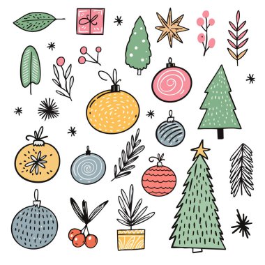 Beautiful and colorful Christmas illustrations showcasing ornaments, trees, and various festive elements and details