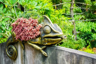 Taipei hayvanat bahçesinde bir bukalemun bronz heykel sırtında bir çiçek ile dekore edilmiş