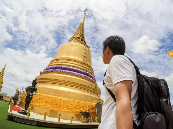 Asijské Traveler Selfie Golden Mount Bangkok Thajsko — Stock fotografie