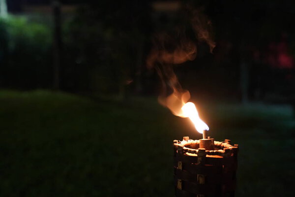 зажгите факел и огонь в ночном саду
.