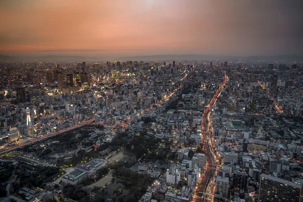 Paisaje Urbano Panorámico Osaka Crepúsculo Del Cielo Naranja Con Calle — Foto de Stock