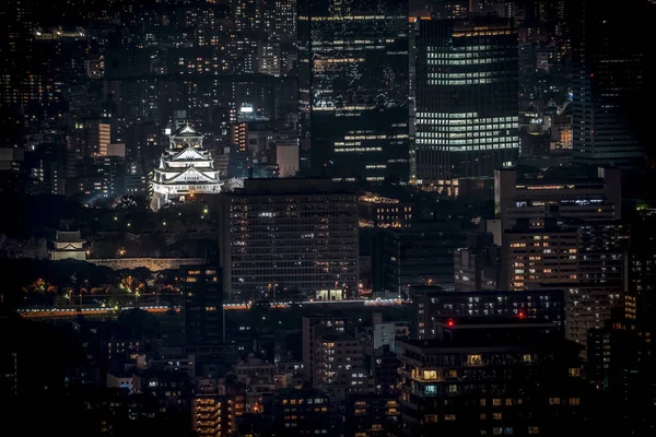 Osaka Κάστρο Φωτίζεται Νύχτα Στην Κορυφή Birdeye Προβολή Αστικό Τοπίο — Φωτογραφία Αρχείου