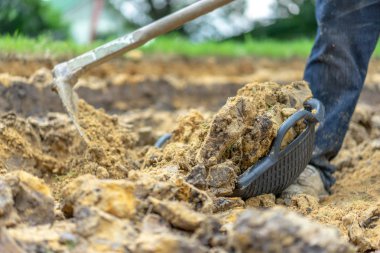Bahçıvan Bahçe için onun ekipmanları ile toprak kazılar ve ekimi için toprak hazırlama.