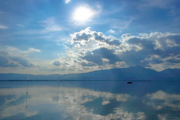 Kwan Phayao; a lake in Phayao province, the North of Thailand. Shooting with the rule of thirds between river, cloud, and sky.