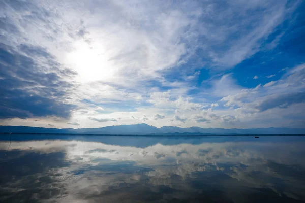 Kwan Phayao; a lake in Phayao province, the North of Thailand. Shooting with the rule of thirds between river, cloud, and sky.