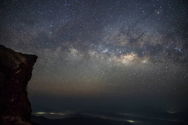 Clear and pastel Milky way at the "Phu Chi Fa" (Mountain) Chiang Rai province, north of Thailand.