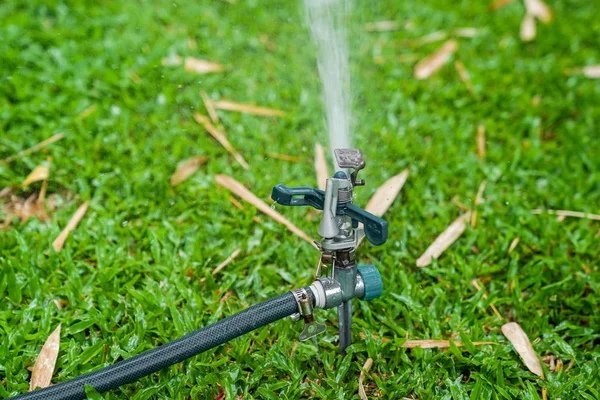 Nahaufnahme Spritzwasser Auf Gras Garten Streuen — Stockfoto