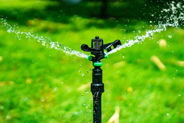 Spruzzi Acqua Dolce Dal Palo Cospargere Stabilirsi Nella Feild Erba — Foto Stock