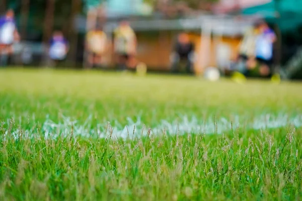 Çim Futbol Sahası Bulanıklık Oyuncuyla Oynamak Futbol Arka Plan — Stok fotoğraf