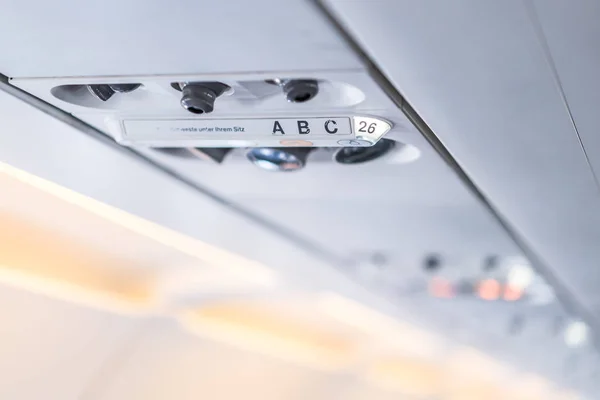 Closeup Airplane Console Panel Lamp Light Need Help Button Air — Stock Photo, Image